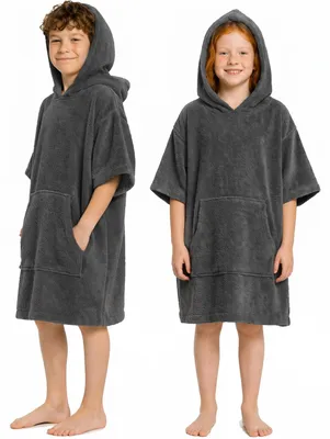 Produktbild von CalmyBEACH Frottee Badeponcho Kinder Bademantel - Anthrazit 10-13 Jahre 100% Baumwolle