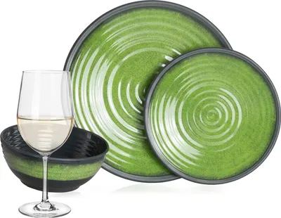 Produktbild von Melamin Camping Geschirr Set 4 Personen Stone Green + 4 Tiamo Weiß Weingläser Tafelgeschirr Picknick BBQ Kochgeschirr