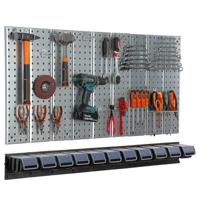 Produktbild von Werkzeugwand 117x72cm Metall Lagersystem mit Werkzeughaltern Werkzeughaken 11 Stapelboxen schwarz Garage Steckbrett Elektrowerkzeuge Lochwand