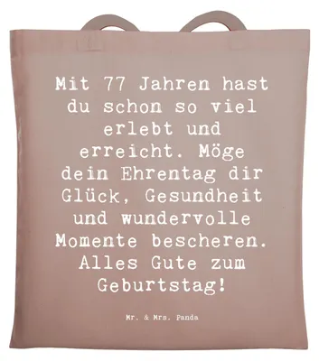 Produktbild von Mr. & Mrs. Panda Tote Bag Spruch 77. Geburtstag Glückwunsch - Braun Pastell - Geschenk, Glück, Geburtstagswünsche, Einkaufstasche, Meilenstein, Jutetasche, Stoffbeutel