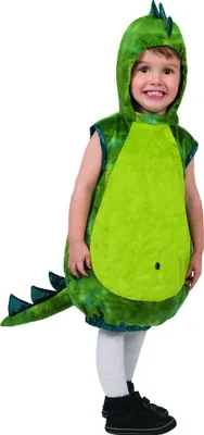 A child wearing a green dinosaur costume.