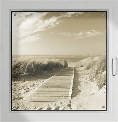 Produktbild von Wallario Lichtschutzbild, Dekorativer Sichtschutz Sonnenschutz 96 x 93 cm mit Motiv: Auf dem Holzweg zum Strand in Sepiafarben - Verdunklung ohne Bohren