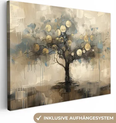 Produktbild von MuchoWow® - Leinwandbilder - Beige - Abstrakt - Baum - Gold, Wandbild, Wanddeko Bilder Wohnzimmer, 120x90cm