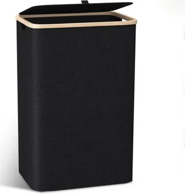 Immagine prodotto di Cesto portabiancheria con coperchio - 44*33*73 cm - Manico in legno - Sacco interno in tessuto Oxford - Cesto portabiancheria con coperchio - Contenitore per la biancheria sporca - Cesto portabiancheria apribile per la biancheria sporca