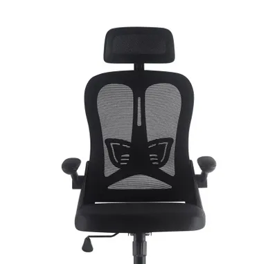 A black ergonomic office chair with a headrest is shown from the front against a white background.