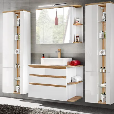 Produktbild von Badmöbel Set mit Keramik-Waschtisch CAMPOS-56, Hochglanz weiß mit Wotaneiche, 2 Hochschränke B/H/T: ca. 214/200/50 cm
