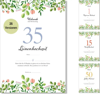 Produktbild von Frank Paperman® | 35. Hochzeitstag | Ehejubiläum | Leinenhochzeit | Urkunde Hochzeitstag | floral | Vordruck im DIN-A4-Format