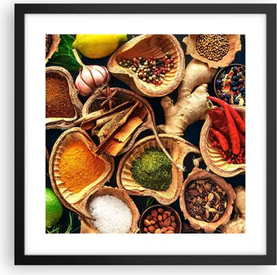 Produktbild von Gerahmtes Poster - Schwarzer Rahmen - Küche Essen Kräuter Gewürze - 40x40 cm - Wand Bild - Wanddeko - Wandbilder - Wandposter - Bilderrahmen - Bilder - Kunstdruck - Wandbild - P2BAC40x40-2844