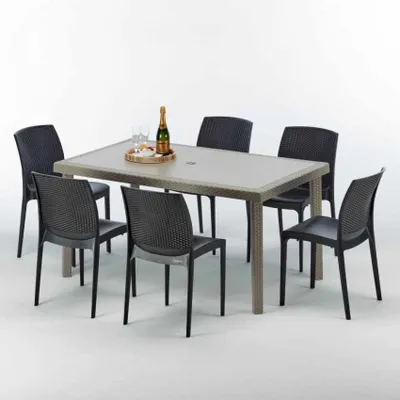 Produktbild von Polyrattan Tisch Rechteckig mit 6 Bunten Stühlen 150x90 Beige Marion