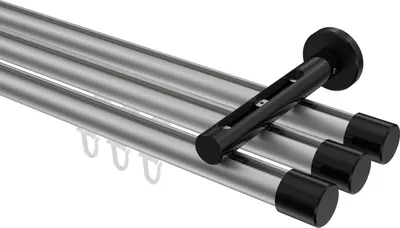 Produktbild von Interdeco Innenlaufstange / Gardinenstange mit Innenlauf Silbergrau / Schwarz, Typ Siteno Santo (Kappe), 20 mm Ø 3-läufig, 200 cm