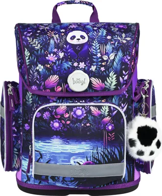 A school backpack with a panda and jungle theme.