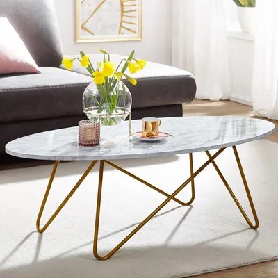 Produktbild von WOHNLING Couchtisch 120x40x60 cm mit Marmor Optik Weiß Wohnzimmertisch mit Metall-Gestell Sofatisch Oval Tisch Wohnzimmer Loungetisch