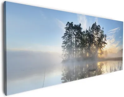 Produktbild von Wallario Premium Leinwandbild Stiller See mit Insel im Morgennebel in Größe 50 x 125 cm