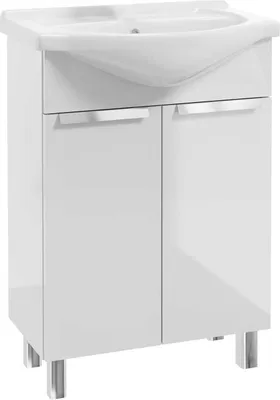 A white bathroom vanity with a sink and two cabinet doors, standing on four silver legs.