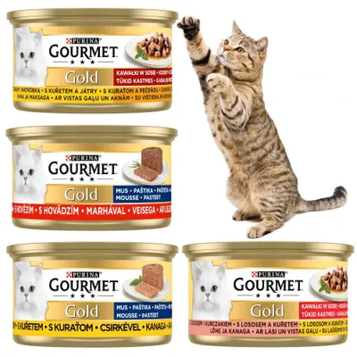 Produktbild von Purina Gourmet Gold Nassfutter Katzen Mousse Huhn Rind Stückchen in Sauce Lachs Huhn 12x85g