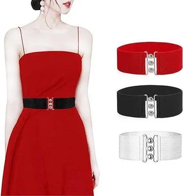 Imagen del producto de Uniqoos® Juego de 3 cinturones elásticos de cintura ancha para mujer – Cinturones elásticos vintage con hebilla, hechos de poliéster/elástico, longitud total de 68 cm, ancho de 5 cm, en colores , rojo y blanco