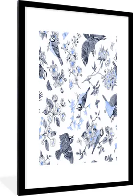 Produktbild von MuchoWow® MuchoWow® Gerahmtes Poster Blumen - Vogel - Blau 60x90 cm - Poster mit zchwarzem Bilderrahmen - Dekoration - Wandposter Wohnzimmer - Hochwertig