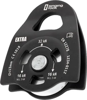 Umlenkrolle Extra Roll von singing rock; schwarz; mit technischen Angaben zu Tragfähigkeit und Normen.