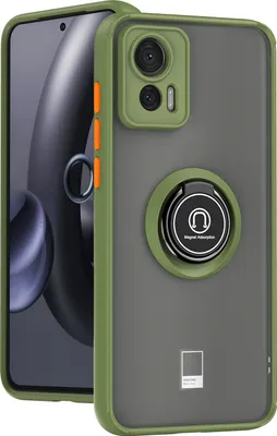 A phone case with a ring holder is shown against a light gray background.