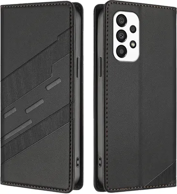 A black leather flip case for a Samsung Galaxy A33 5G phone is shown from two angles.