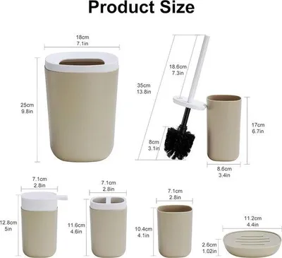 Image de Ensemble de salle de bains 6 pièces, en plastique, beige, avec brosse de toilettes