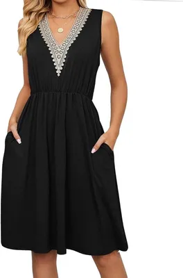 Sommerliches ärmelloses Kleid mit V-Ausschnitt und Taschen für Damen - Lässiges Swing-Kleid für Strand und Feier, Schwarz, XL