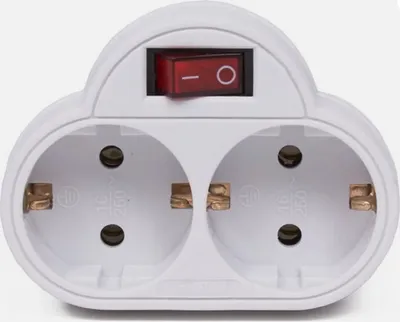 A white electrical adapter with a red switch and two sockets, shown against a plain white background.
