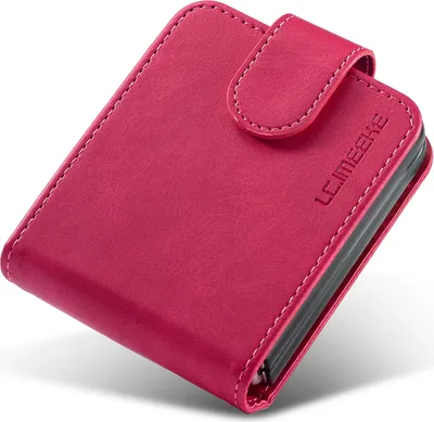 A pink leather wallet-style phone case is shown at an angle against a white background.