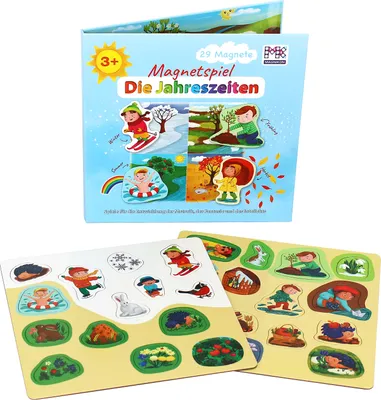 A product box for a magnetic game about seasons, with loose magnetic sheets shown below.