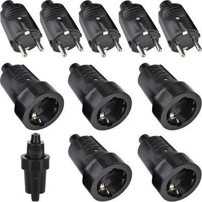 Produktbild von Schuko-Sicherheitsstecker-Set, 2-polig, 250V, 16A, IP44, wasserdicht, schwarzer, gummi-geerd, sicher.