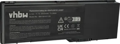 Produktbild von vhbw Akku kompatibel mit Dell Inspiron XPS Gen 2, PP23L, PP23LA, PP23LB, XPS M1710, XPS M170 Notebook (6600 mAh, 11,1 V, Li-Ion)