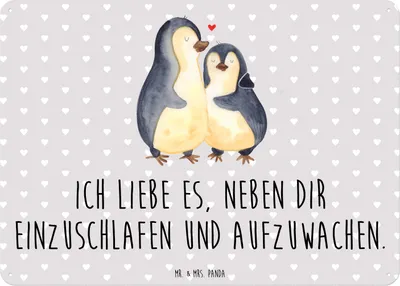 Produktbild von Mr. & Mrs. Panda Blechschild Pinguine Einschlafen DIN A6 - Grau Pastell - Geschenk, für Frauen, Hochzeitstag, Partner, Mitbringsel, tafel, Freundin, Valentinstag, Schild