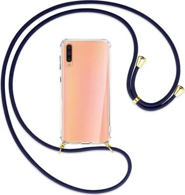 Produktbild von Handykette Backcover-Schutzhülle mit Band (Metall goldfarben) für Samsung Galaxy A50 - dunkelblau
