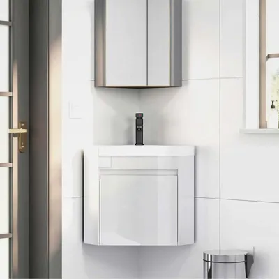 Produktbild von Waschtisch mit Unterschrank Hängewaschbecken Gäste-WC Waschtisch Eckschrank Eckwaschbecken Wandmontage Waschbeckenunterschrank Badschrank Waschplatz Badmöbel Set für Klein Bad Weiß