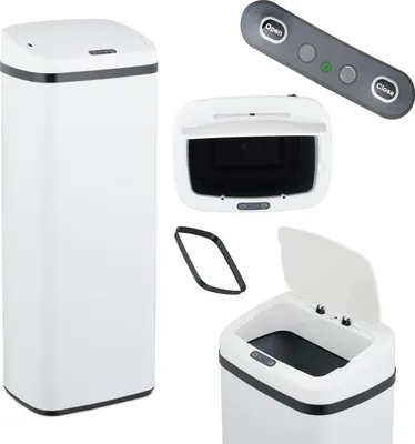 Image de Poubelle Relaxdays avec capteur, 50 l, couvercle électrique, support pour sac poubelle, poubelle de cuisine, blanc
