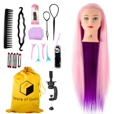 Image de Desire of Goods Tête d'entraînement pour coiffeur Lila - avec pince de table - tête de coiffure pour enfants - tête de coiffeur - 70 cm