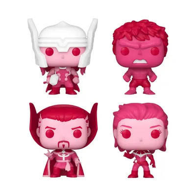 Four Funko Pop figures in pink and red colors, arranged in a 2x2 grid against a white background.
