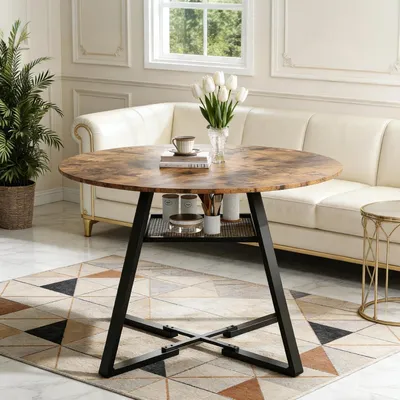 Produktbild von INONEFT Runder Esstisch für 4 Personen, Esstisch 120 cm mit 1 offenen Ablagefach, Holztisch mit Metallbeinen, Küchentisch für das Esszimmer, schwarz