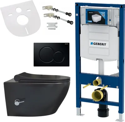 Produktbild von Spülrandloses Hänge WC mit Softclose Deckel, Armatur, schwarzer Betätigungsplatte kompatibel mit Geberit Vorwandelement