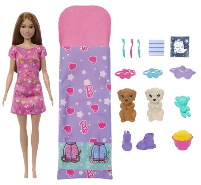 Produktbild von Barbie-Puppe und Welpen-Pyjama-Party-Spielset mit 2 Spielzeughunden (mehr als 10 Zubehörteile, Farbwechsel)