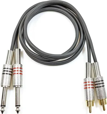 A coiled audio cable with two 1/4 inch mono jack plugs on one end and two RCA male plugs on the other end, presented on a white background.
