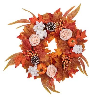 Produktbild von Herbstkranz aus künstlichen weißen Kürbissen, Ahornblättern, Tannenzapfen und Beeren, handgefertigt im Landhausstil, Herbstdekoration für Zuhause, Erntedankfest, drinnen und draußen, Wand- oder Fensterdekoration