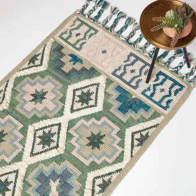 Produktbild von HOMESCAPES Handgewebter Kelim Teppich Matala - 160 x 230 cm, blau-grün gemustert