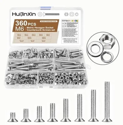 Produktbild von Ein Set mit 360 Stück M6-Schrauben, bestehend aus rostfreiem Stahl, inklusive Senkkopfschrauben, Muttern, metrischen Senkkopfschrauben mit Innensechskant, Schrauben mit Innensechskant und Muttern, sowie Unterlegscheiben. Es enthält auch Senkkopfschrauben mit Gewinde