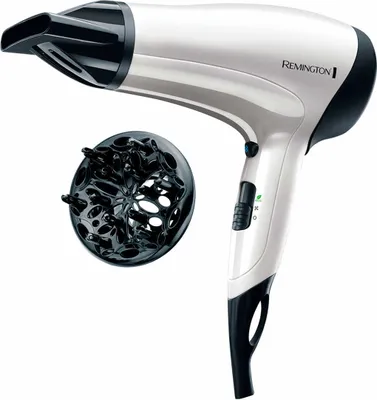 A white Remington hairdryer with a black diffuser attachment is shown against a white background.