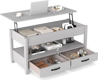 Image de Table basse réglable avec plateau relevable et 2 tiroirs