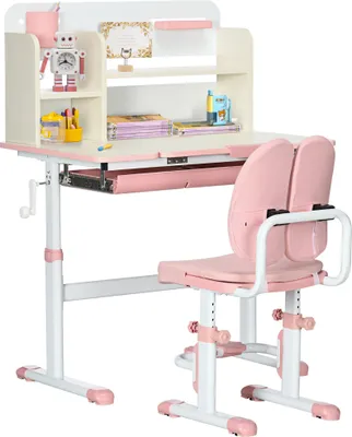 Image de HOMCOM Ensemble bureau et chaise pour enfants, hauteur réglable et plateau inclinable 0-60°, chaise de table d'étude scolaire pour enfants, tiroir, étagères, porte-stylo et repose-pieds intégré, rose