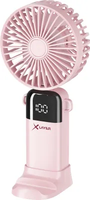 Zdjęcie produktu dla Cichy przenośny wentylator XLayer, 5 poziomów prędkości, kompaktowy, składany, wyświetlacz LED, bateria 1200 mAh, uchwyt na smartfon, różowy