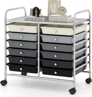A multi-drawer rolling storage cart with various items on the top shelf.