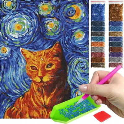 Produktbild von ARTULIO - Diamond Painting Set - Rote Katze vor sternenartigem Hintergrund - 40 x 30 cm - 5D Diamant Painting, Crystal Art Bilder DIY